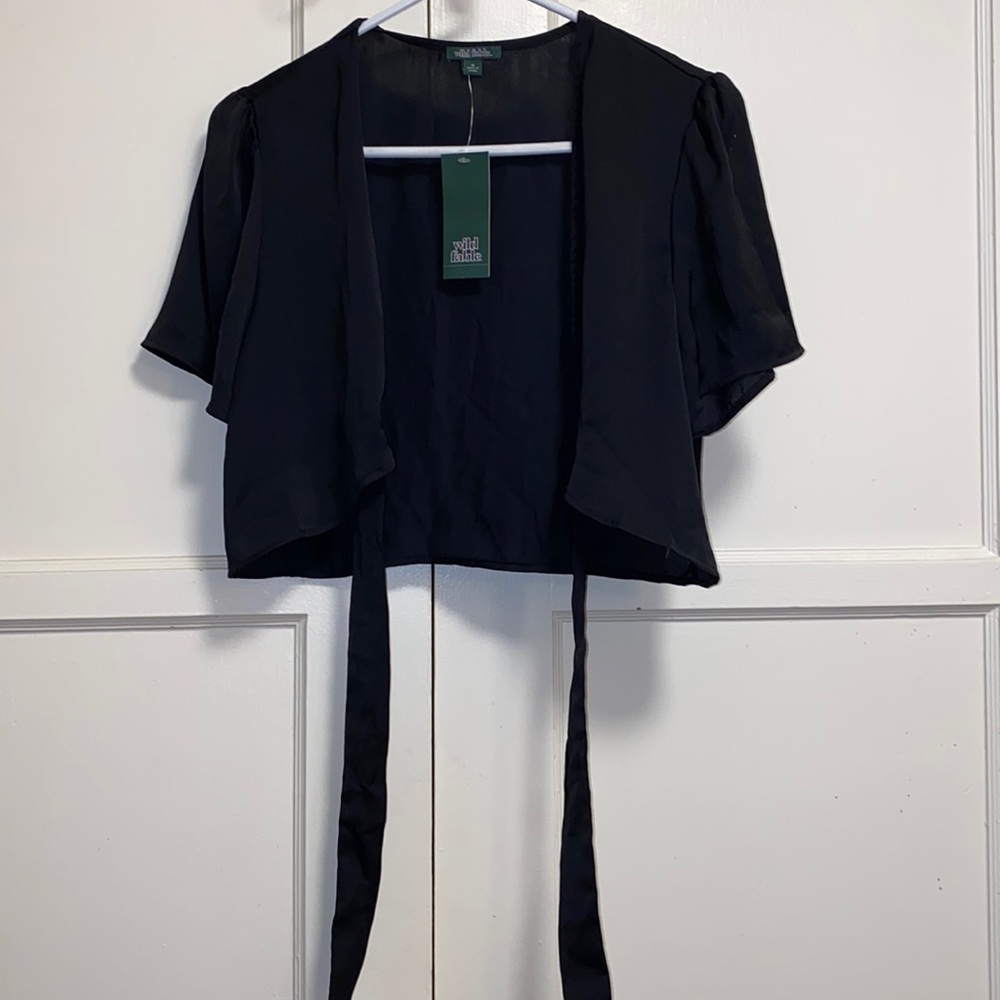 Wild Fable Medium Black Solid Chiffon Knot Front Short Sleeve Crop Blouse
